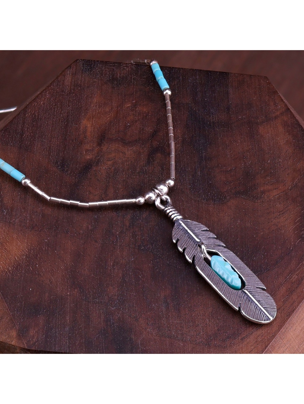 Vintage SJC Sterling Silver & Turquoise Artisan Double Feather Necklace 925